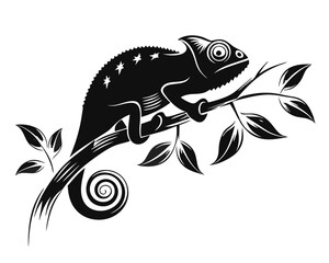 Whimsical cartoon chameleon in silhouette artfully clinging to a textured branch showcasing vibrant colors and a playful creative design aesthetic