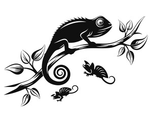 Whimsical cartoon chameleon with a sleek black silhouette artfully perched and climbing along a textured branch showcasing vibrant colors