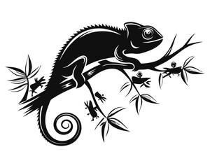 Whimsical black silhouette of a playful chameleon artfully clinging to a textured tree branch showcasing a vibrant personality through its form