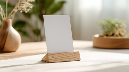 木製カードスタンドに立てた白い無地カードのモックアップ（室内・自然光・テーブル上）