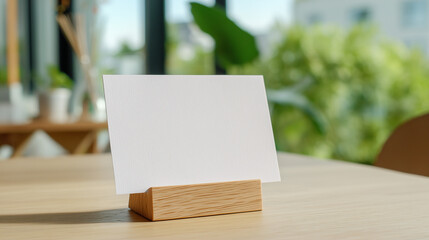 木製カードスタンドに立てた白い無地カードのモックアップ（室内・自然光・テーブル上）