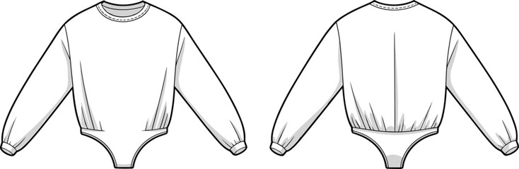 Long sleeve bodysuit fashion flat sketch, front back view technical drawing, women apparel template, vector illustration, clothing cad design