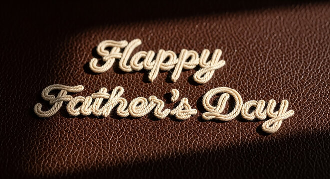 Happy father's day greeting made of beige rope on brown leather background