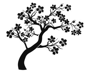 Obraz premium Elegant black silhouette of delicate cherry blossom branches artfully arranged on a clean white backdrop perfect for spring themes and floral designs