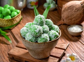 Klepon, also known as onde-onde, is a type of cake or steamed snack made from rounded sticky rice flour, filled with brown sugar and spread over grated coconut until it sticks.
