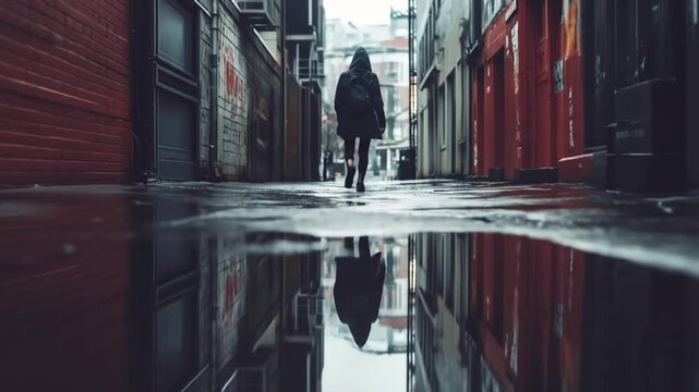 Hooded figure walks rainy alleyway