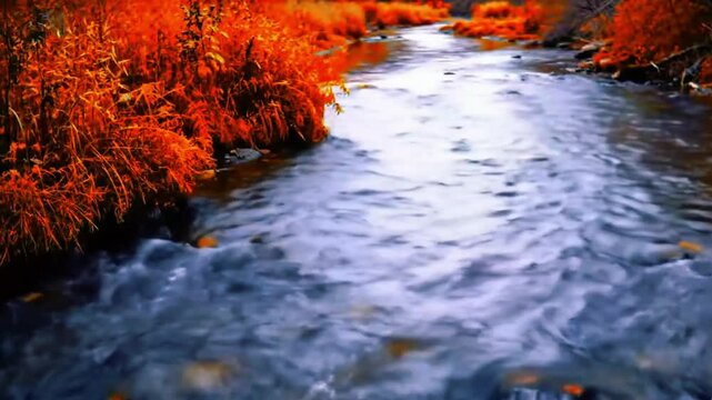 Aliran sungai musim gugur, daun oranye di tepi, air mengalir halus, Realistis, 3D look (cinematic), Statis (kamera diam), Smooth (gerakan tidak tersendat), 4K resolusi, Loopable seamless