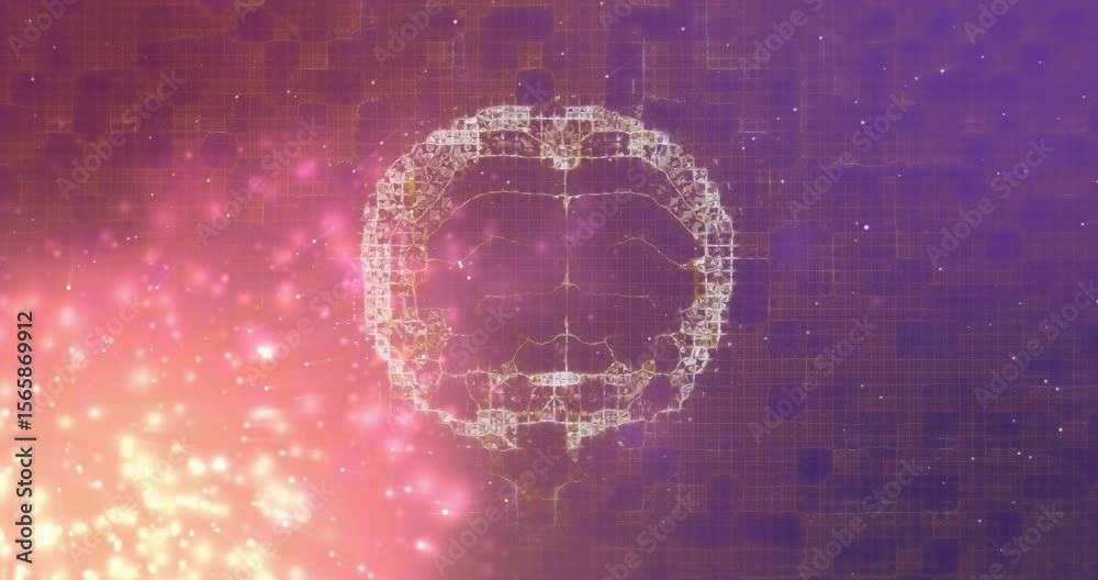 Poster particle cloud starting wireframe brain forming and rotating, visualizing neural network in grid
