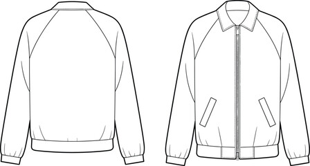 Men's bomber jacket front and back view, fashion technical flat sketch, zipper closure, ribbed hem and cuffs, vector template