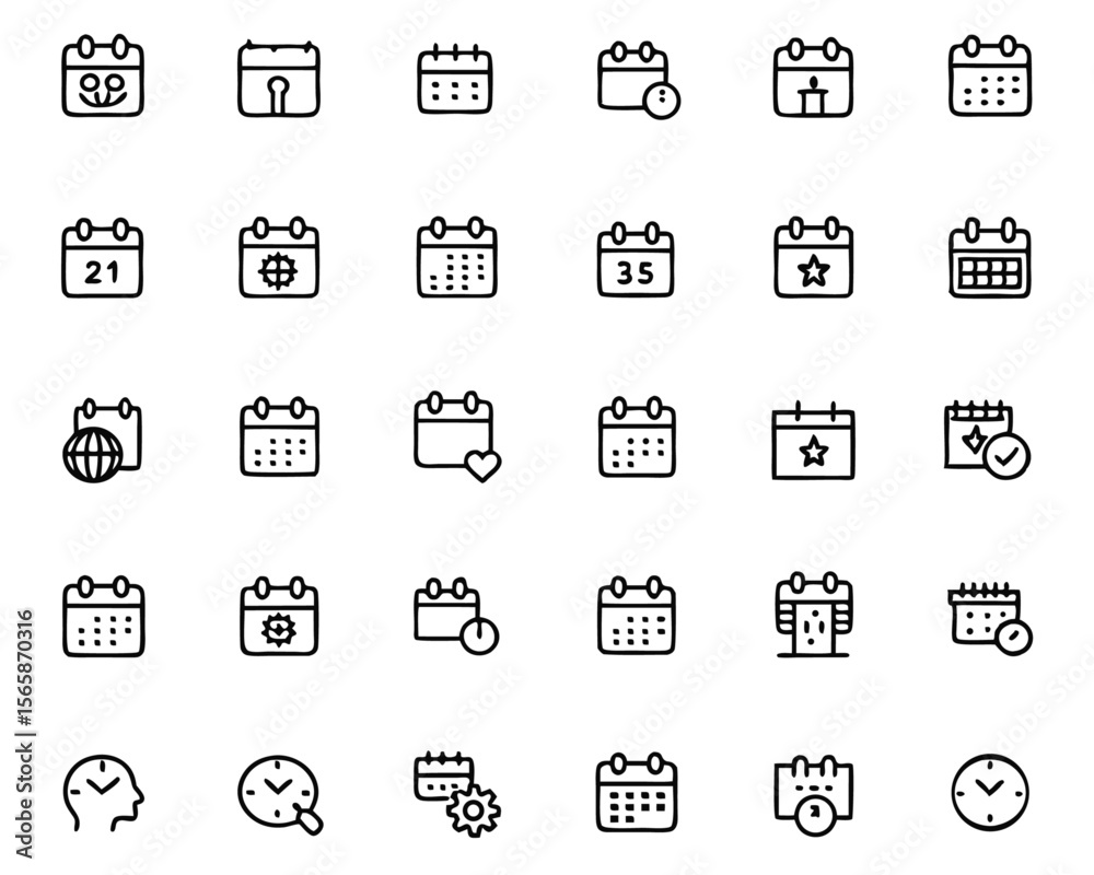 Poster a comprehensive collection of thin line icons representing various calendar and event related concep