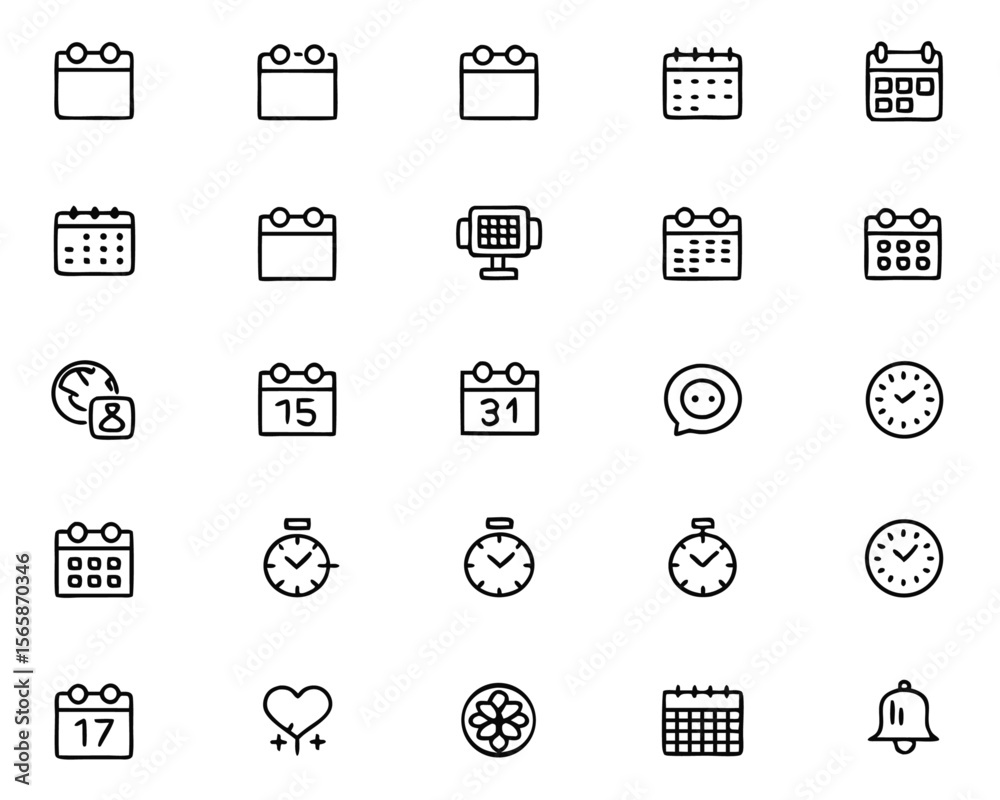 Poster comprehensive collection of thin line graphics representing various calendar and event related conce