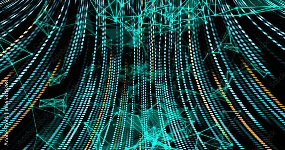 Poster opening animation showing dot streams cascading then forming mesh network representing data flow