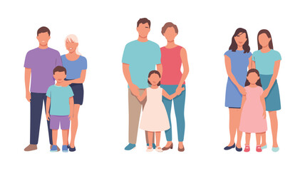 Obraz premium Cartoon Illustration Three Families Featuring Heterosexual and SameSex Parents with Young Children