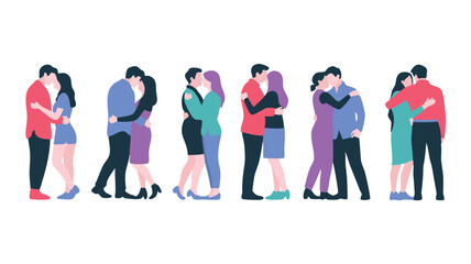 Fototapeta premium Diverse couples in love embrace and kiss, showing romance and intimacy with flat design