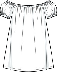 Off shoulder short sleeve dress flat sketch, front view, fashion cad drawing, apparel template, clothing vector, dress technical illustration