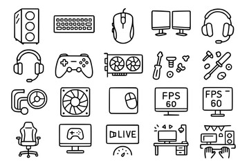 Gaming and Computer Hardware Line Icons Set - PC Gaming Vector Collection for Web Design