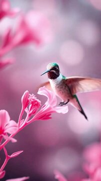 colibri bird and flower with bokeh background, 4k vertical video