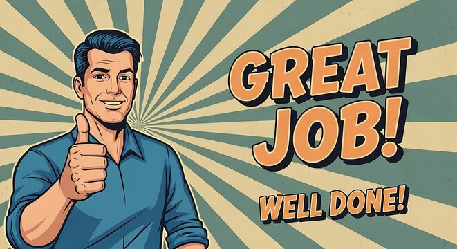 Illustration of a man giving a thumbs up with "Great Job! Well Done!" text on a radial background.