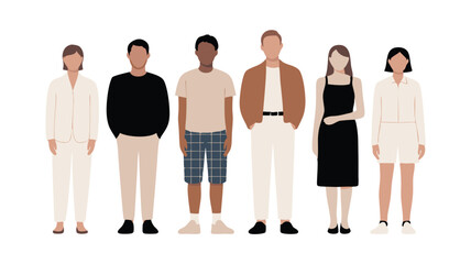 Obraz premium Flat Illustration of Diverse Adults in Casual Outfits, Standing in a Row on White Background