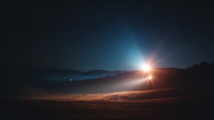 A solitary vehicle s headlights pierce the night s embrace illuminating a misty rural landscape under the vast starlit