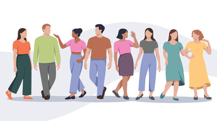 Fototapeta premium Group of Diverse People Walking Together, Illustration of Men and Women in Casual Wear