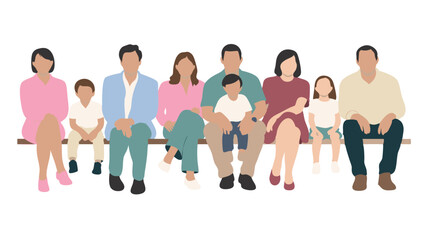 Obraz premium Illustration of Diverse Families with Children Sitting Together on a Bench in Style