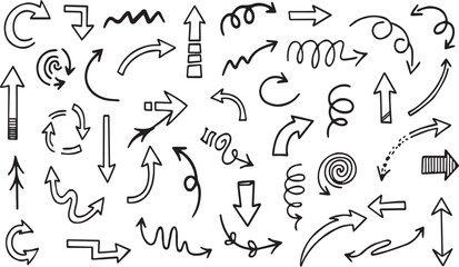 Doodle set of vector hand drawn arrows on white background
