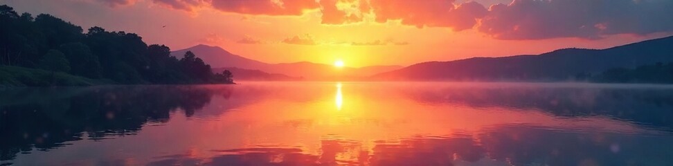 Obraz premium Serene sunrise over a tranquil lake, perfect for peaceful prayer or meditation backgrounds Ideal for websites, apps, or social media Use for spiritual, religious, or wellness content , quiet, peace