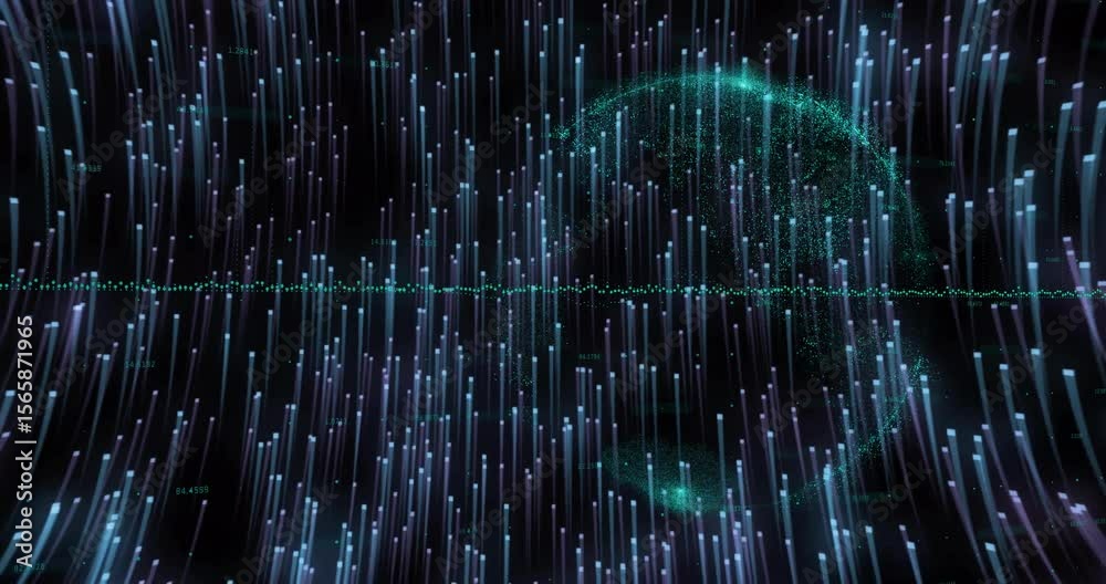 Poster animation initiating pulsing columns streaming green waveform forming dispersing globe showing flow