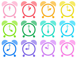 目覚まし時計のアイコン 0時〜12時までのカラフル12色セット