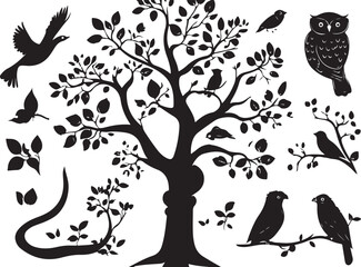 Obraz premium vector set of trees and birds, tree, nature, branch, vector, silhouette, leaf, plant, illustration, design, bird, art, black, animal, spring, trunk, flower, flora, drawing, growth, summer, floral