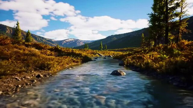 Sungai pegunungan rendah di steppe Mongolia, vegetasi kering, aliran lambat, Realistis, 3D look (cinematic), Statis (kamera diam), Smooth (gerakan tidak tersendat), 4K resolusi, Loopable seamless