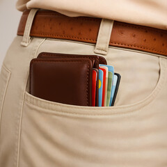 A brown wallet filled with cards sticks out from the back pocket of beige pants.