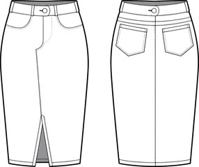 Pencil skirt flat fashion sketch, front and back technical drawing, denim style, cad template, clothing design vector illustration