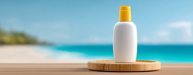 Obraz premium relaxed sunscreen care A sunblock bottle on a wooden tray by the beach, ideal for sunny vacations and skin protection against UV rays. relaxed sunscreen care