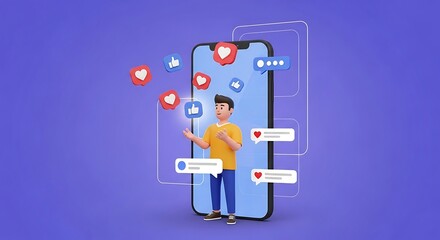 A cartoon man stands in front of a smartphone with social media icons floating around it.