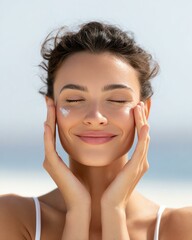 relaxed sunscreen care Happy woman applying skincare cream outdoors, enjoying the sun and nurturing her skin with joy. relaxed sunscreen care