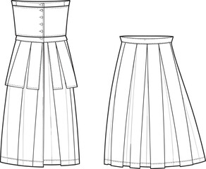 Pleated long high waist fashion skirt with front back flat sketch, corset belt style, vector cad drawing fashion illustration
