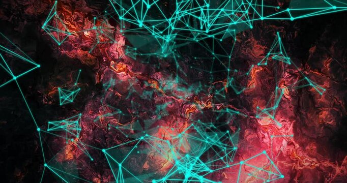 Upon starting, teal nodes connecting into pulsing mesh filling frame over glowing marbled backdrop