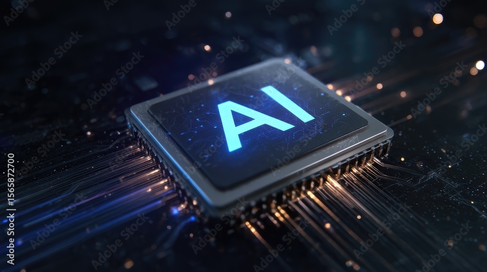 Poster High-tech AI chip glowing blue on digital circuit board, representing artificial intelligence, futuristic computing, and advanced data processing systems and technologies