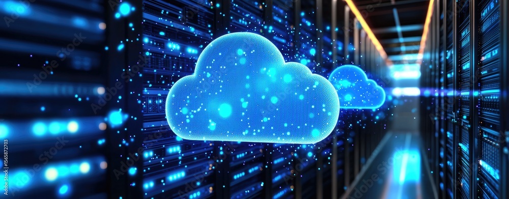 Poster Futuristic glowing blue cloud icons floating in data center server room, symbolizing cloud computing, digital storage, and scalable infrastructure for modern technology platforms