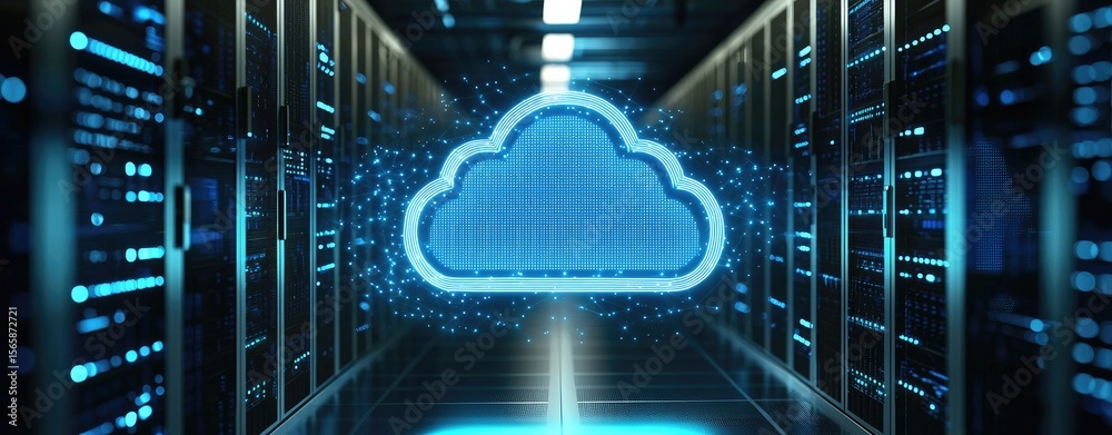 Poster Digital cloud icon glowing in high-tech data center hallway, representing cloud computing, secure data infrastructure, and virtual storage for modern digital services