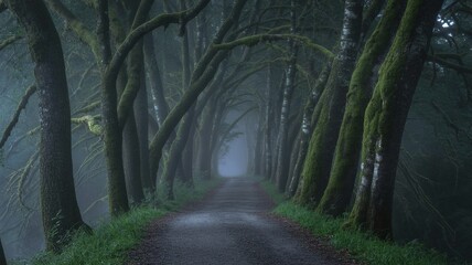 Fototapeta premium Halloween, Mossy Trees Line Foggy Forest Road at Dawn