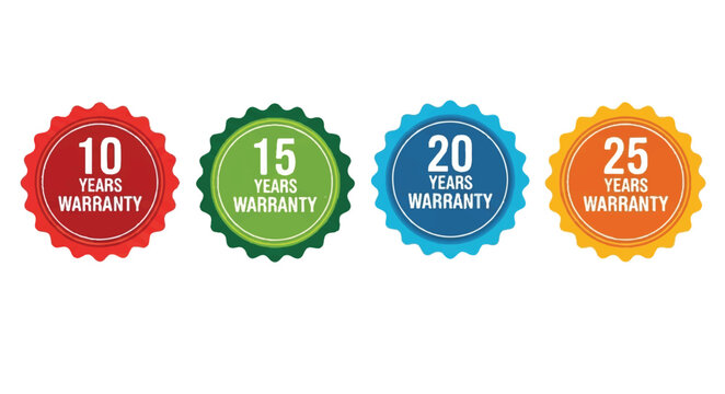 10, 15, 20 and 25 years warranty label badge set on white background