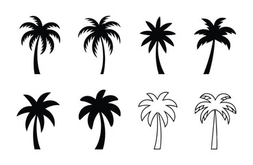 Naklejka premium Black and White Palm Tree Silhouettes and Outlines on a Clean White Background