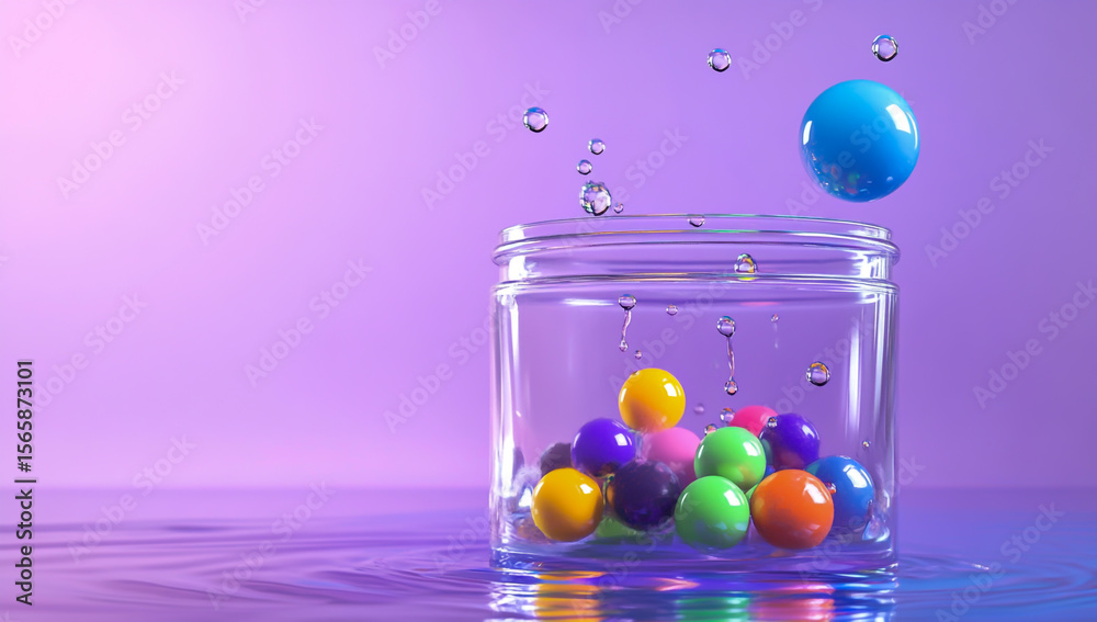 Fototapete 3D rendering of a transparent glass jar filled with clear water and vibrant, multi-colored spheres, set against a soft light purple gradient background with subtle lighting effects.