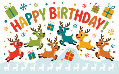 Obraz premium Cartoon Happy Birthday with Colorful Reindeer, Gift Boxes, Snowflakes, and White Deer Silhouette