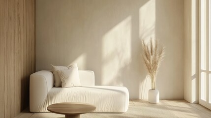 Clean wall mockup wood furniture minimalist interior design scandinavian for wallpaper and artwork