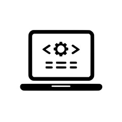 Simplified black icon of a laptop screen showing coding brackets used for web development or tech projects.