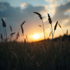 Fototapeta premium wheat field at sunset and wispy clouds with a gradient background 